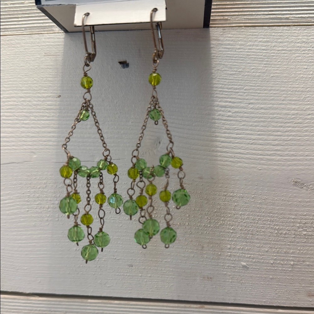 Green Cascading Beaded Earrings with Silver Chains